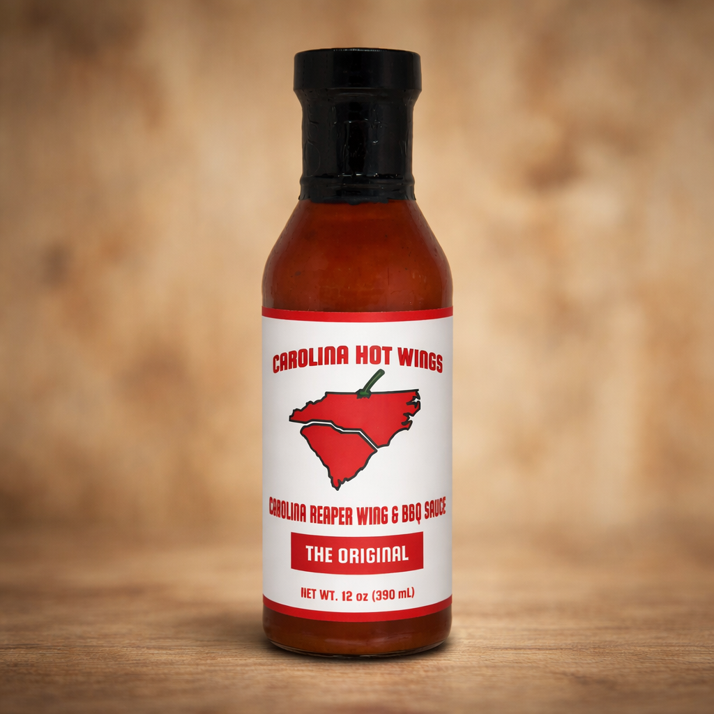 Carolina Hot Wings sauce bottle on a wooden surface with a blurred background
